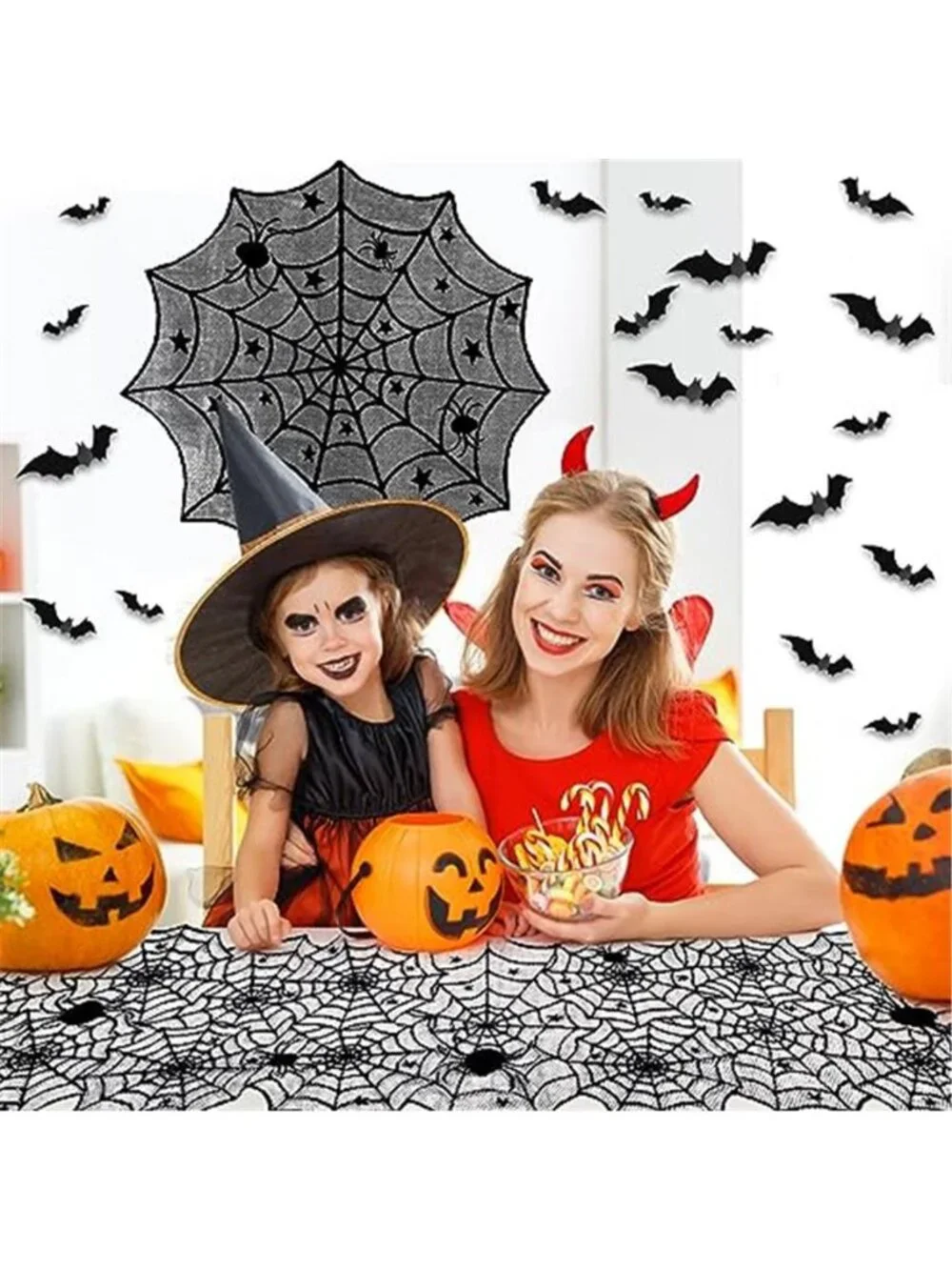 Halloween Spiderweb Tablecloth Runner Fireplace Scarf Lampshade Bats